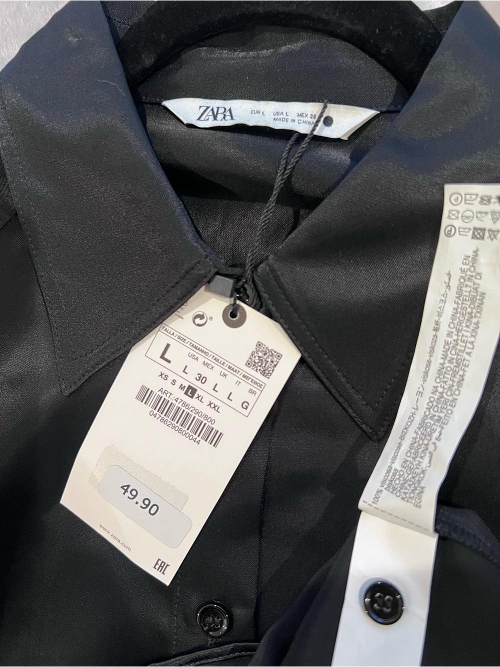 Zara Black Satin Long-Sleeve Button-Down Shirt